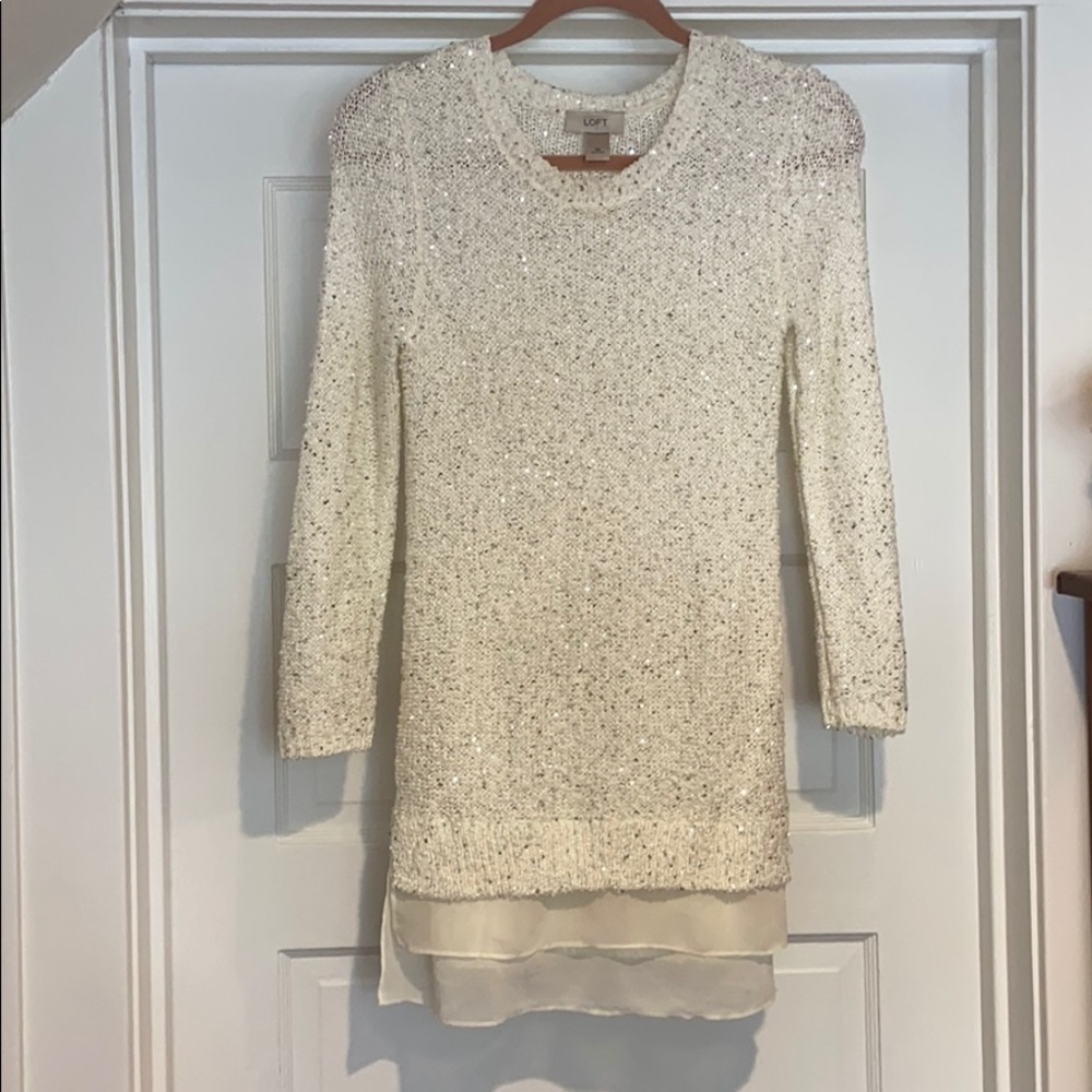 LOFT white knit long waist sweater with sequins